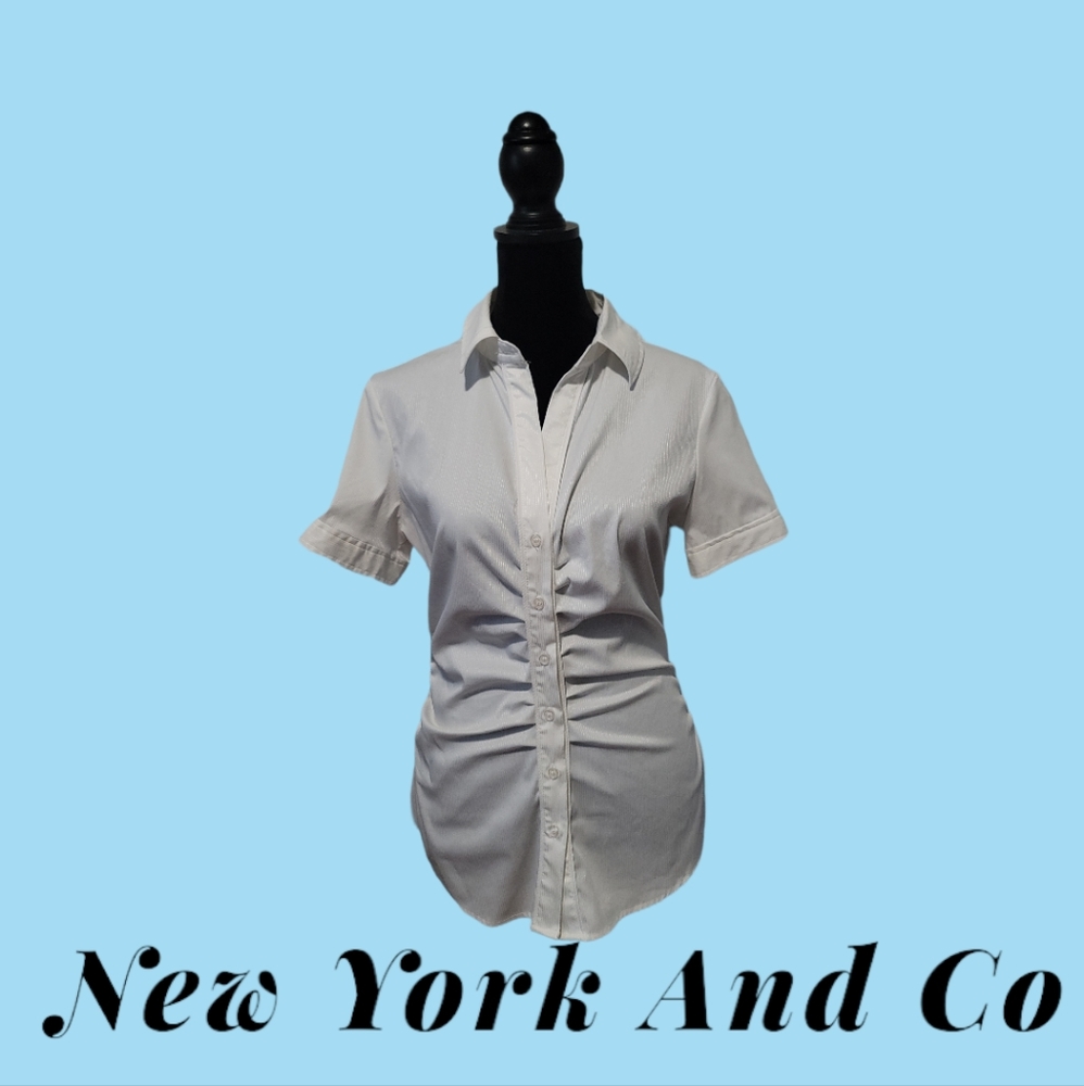 New York and Co.  Short Sleeve Dress Shirt|White w/White Pinstripes|Ruching|S